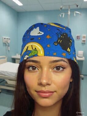 Halloween Print Blue Scrub Cap
